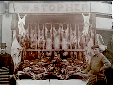 William Stopher on left, butcher, and his son David on the right, 11 Belgrave Road