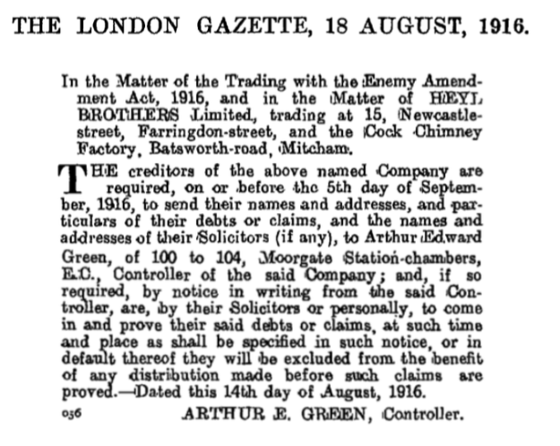 19160818 London Gazette HEYL