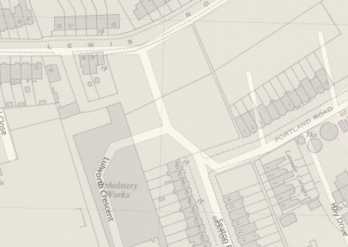 Street map of Lulworth Crescent overlaid onto Standard Upholstery factory