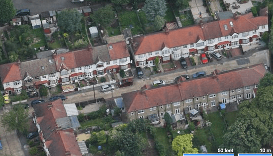 Aerial view of Queen Annes Gardens, looking to the north.