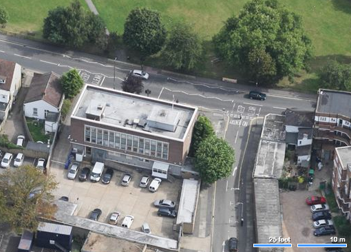 Aerial view showing rear of building. The road on the right is Mitcham Park.